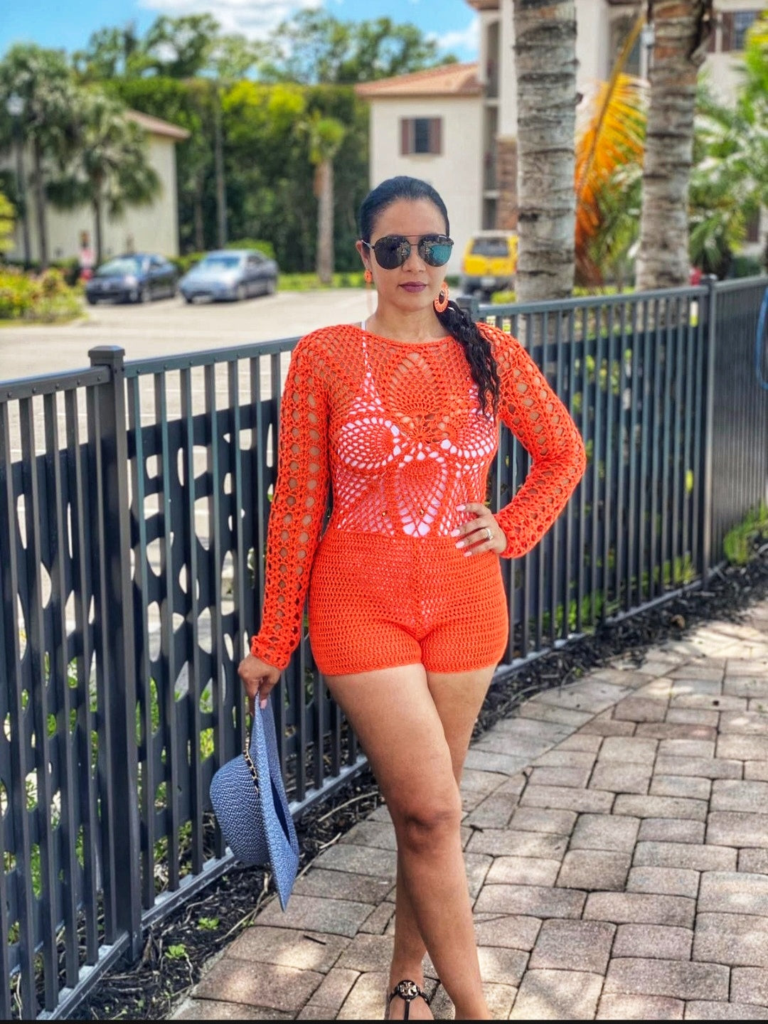 Tangerine crochet cover up romper