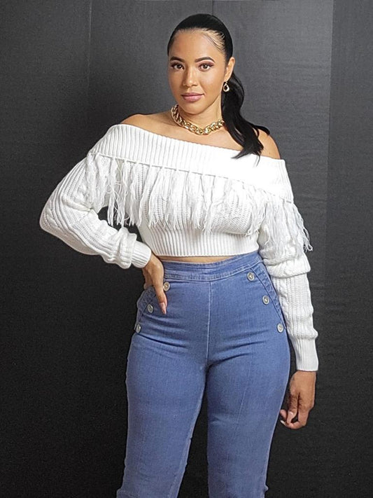 Crop Off Shoulder Fringe Sweater